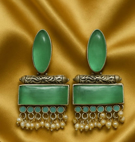Green Enamel Earrings with Pearl Drops