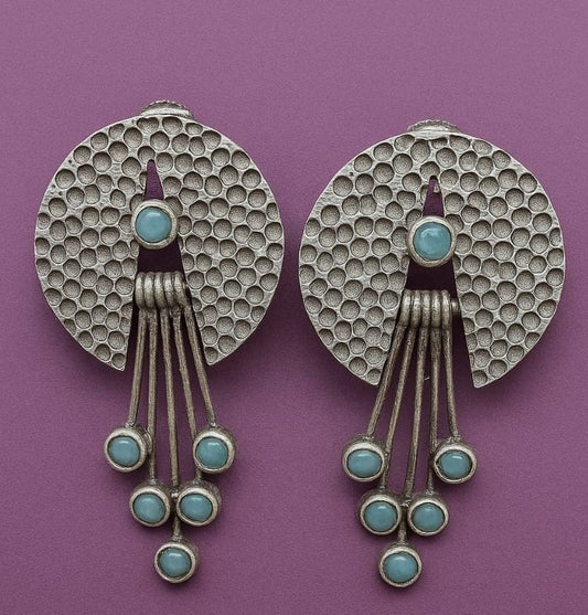 Silver Disc Earrings with Blue Accents