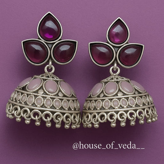Silver Jhumkas with Magenta and Blush Accents